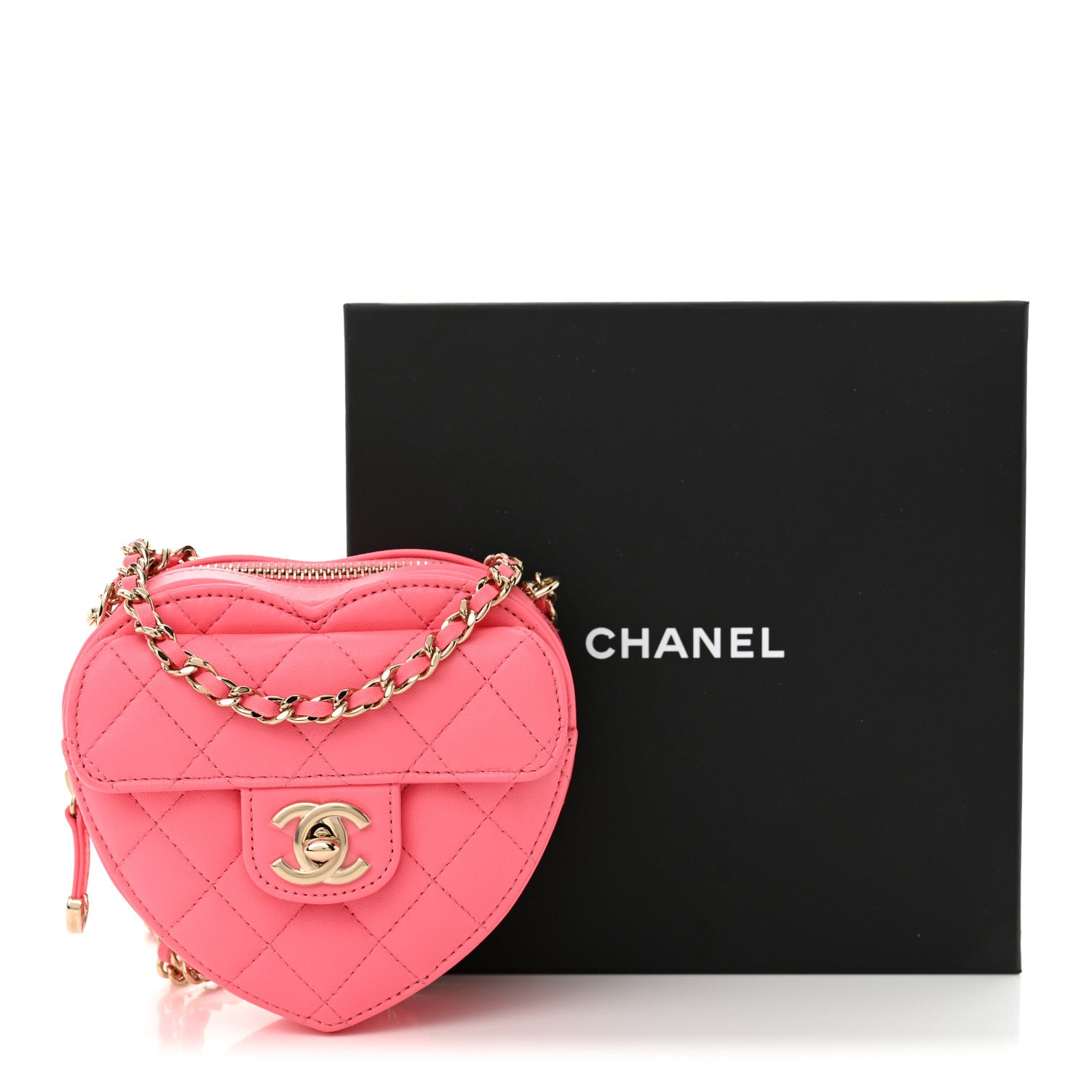 Lambskin Quilted CC In Love Heart Clutch With Chain Pink