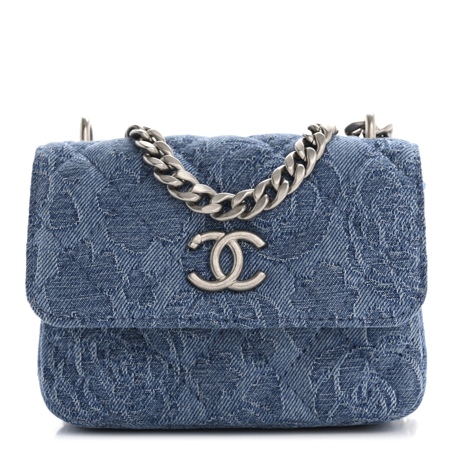 Denim Quilted Camellia Sweetheart  Holder With Chain Blue