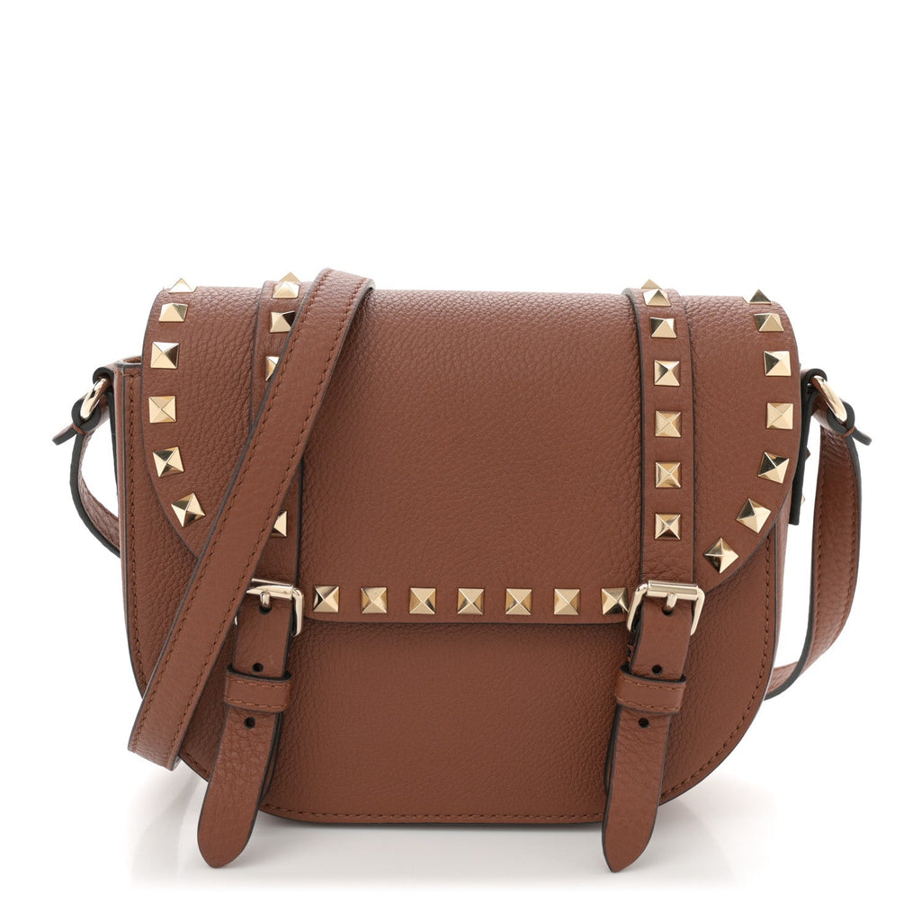 Grained Calfskin Rockstud Flap Messenger Saddle Brown