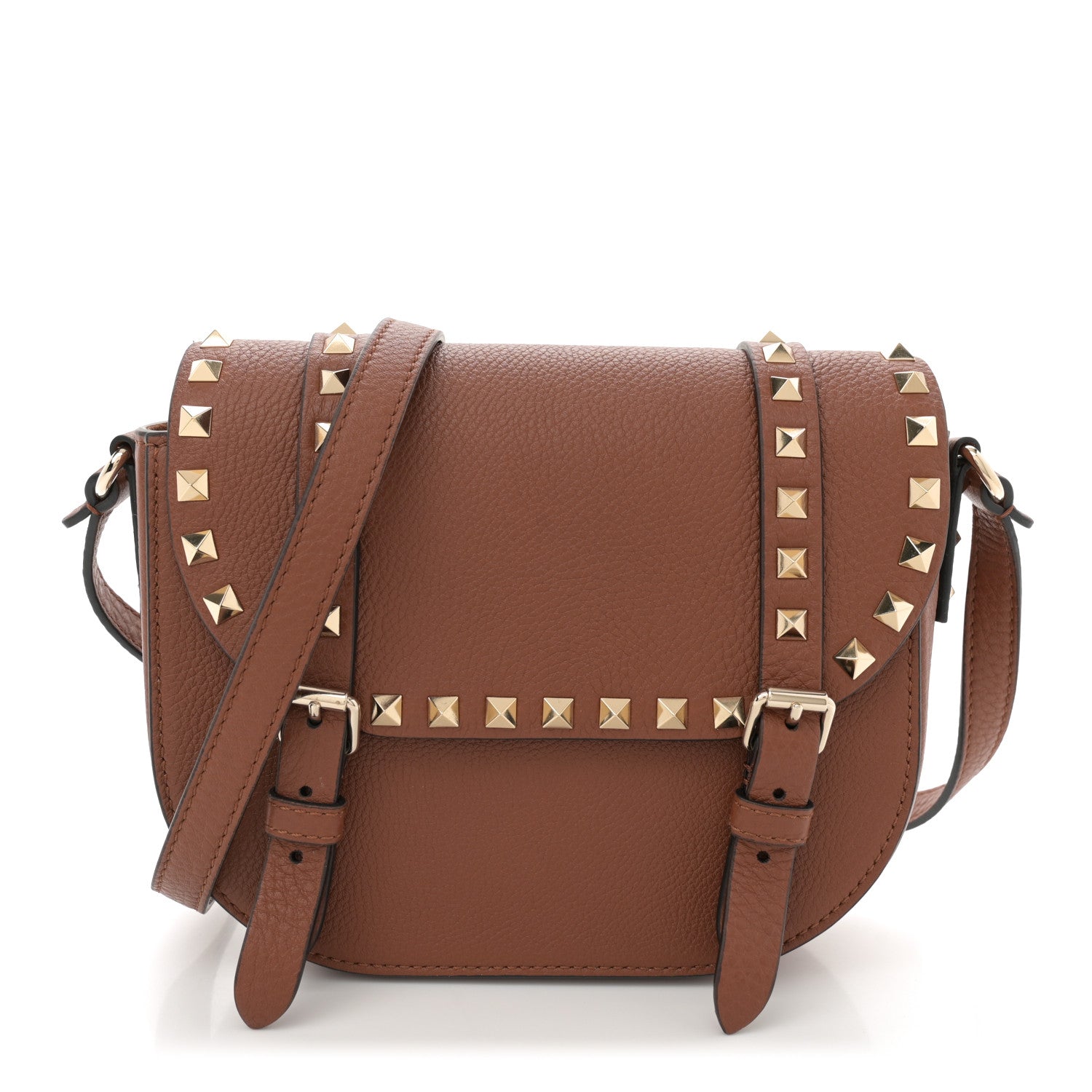 Grained Calfskin Rockstud Flap Messenger Saddle Brown