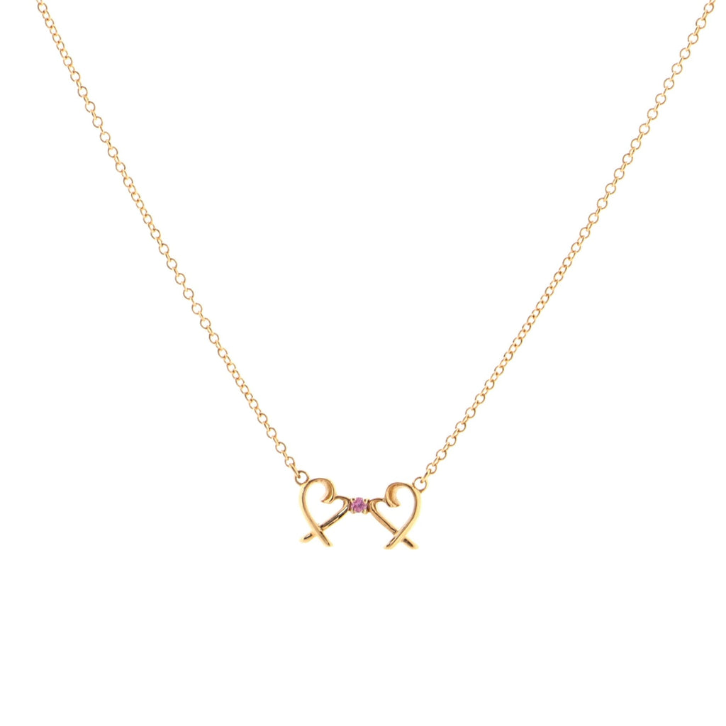 Double Loving Heart Pendant Necklace 18K Rose Gold with Pink Sapphire