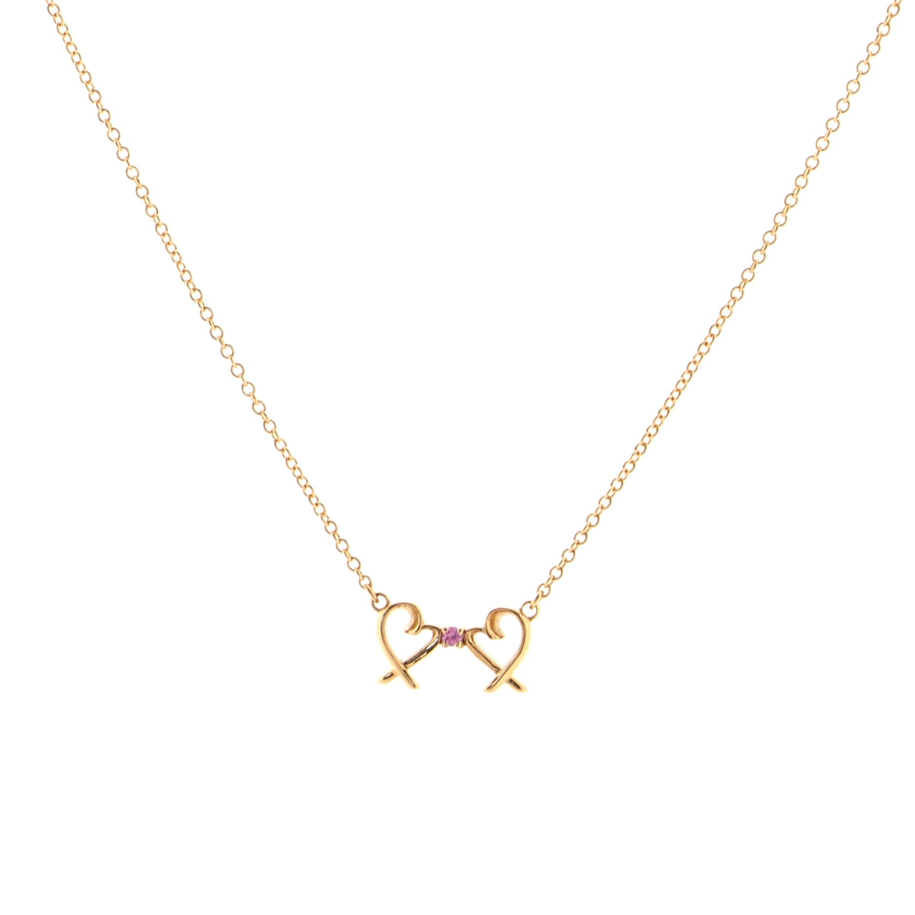 Double Loving Heart Pendant Necklace 18K Rose Gold with Pink Sapphire