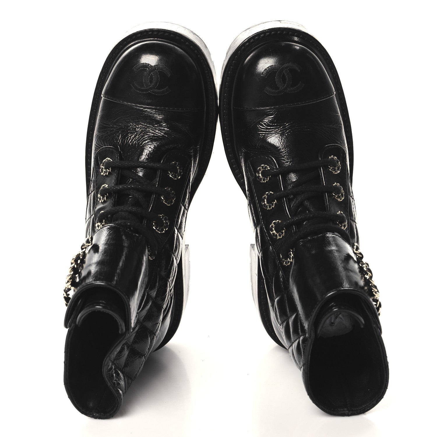 Shiny Calfskin Quilted Lace Up Combat Boots 35 Black