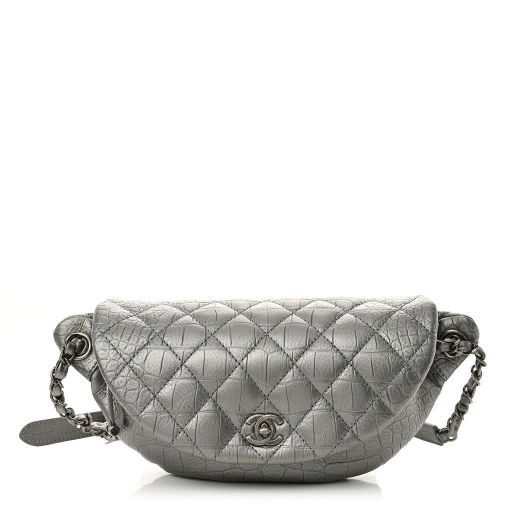 Metallic Calfskin Crocodile Embossed Quilted Easy Trip Waist Bag Fanny Pack Silver