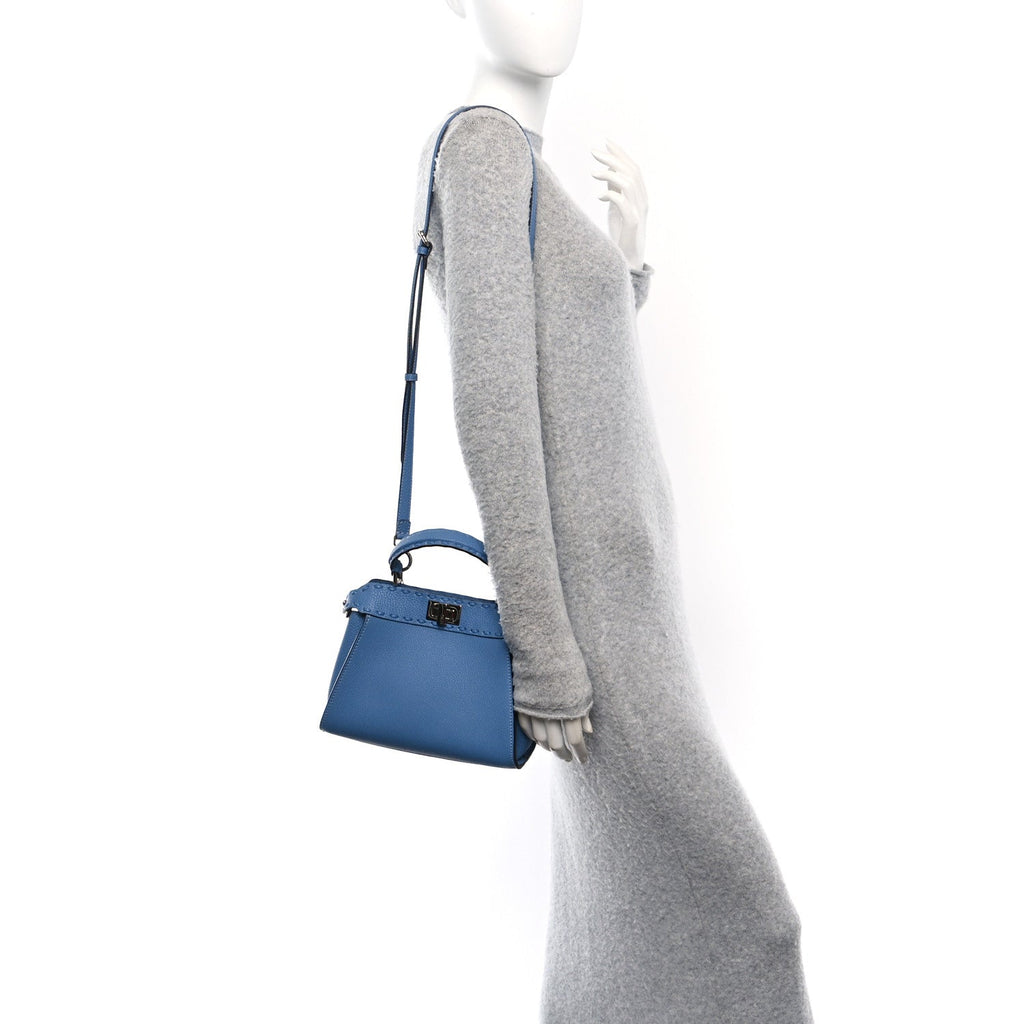 Cuoio Romano Selleria Macro Stitchings Mini Peekaboo Iconic Satchel Placca Argento Blue