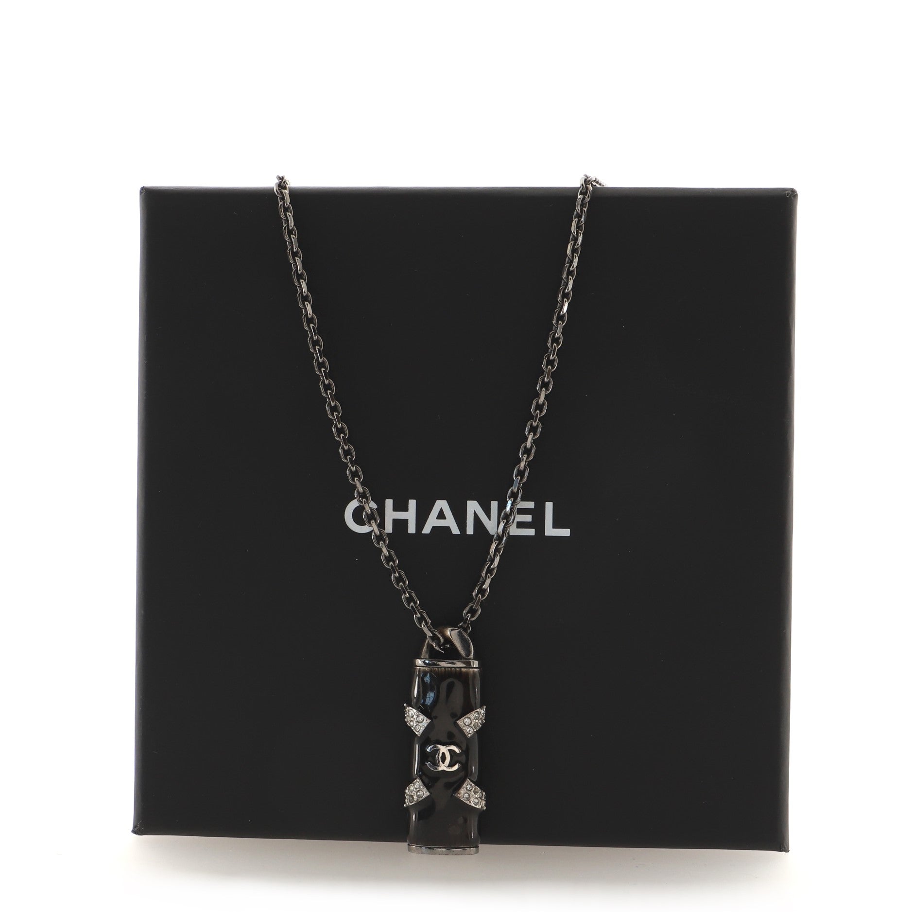 CC Cylinder Pendant Necklace Ruthenium with Resin and Crystals