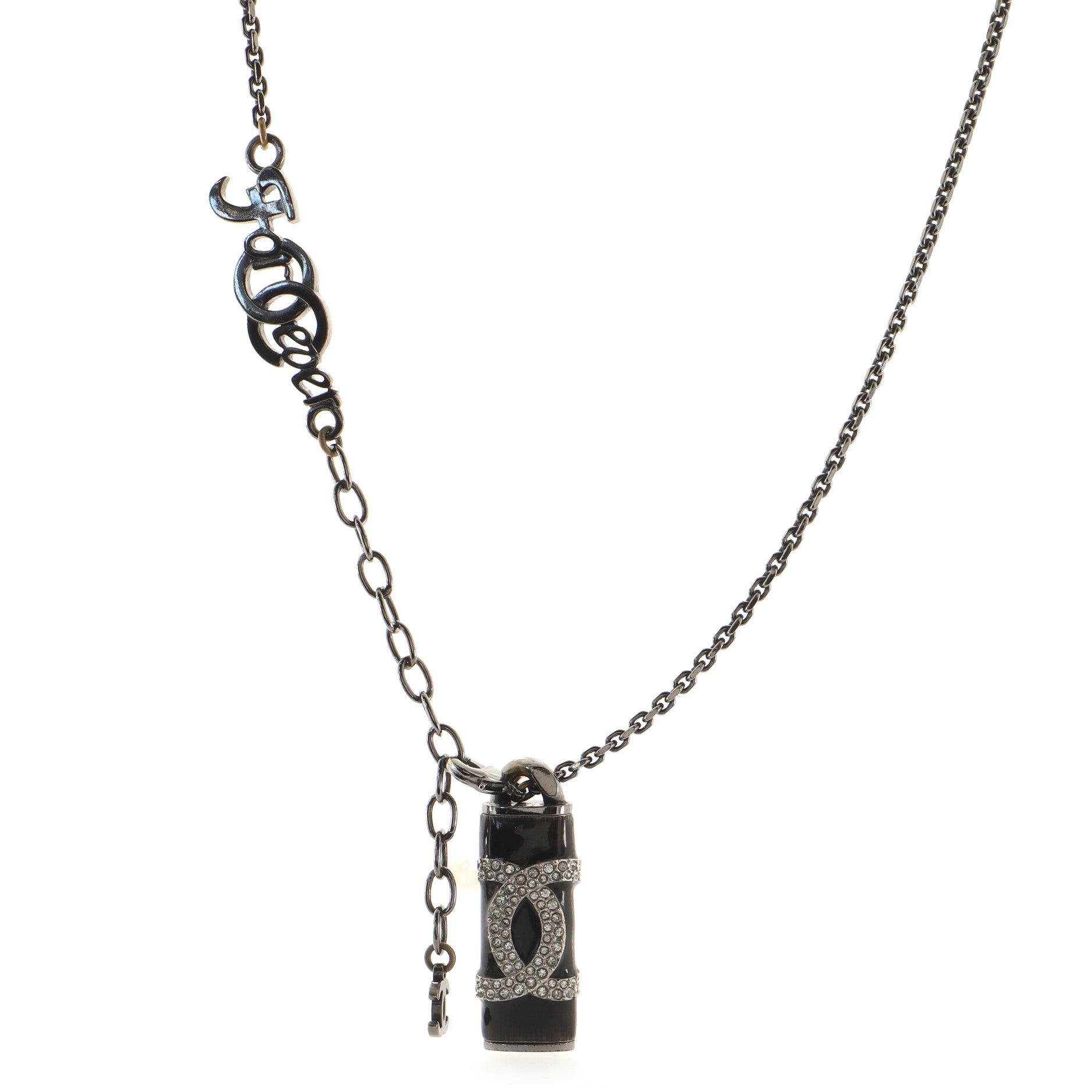 CC Cylinder Pendant Necklace Ruthenium with Resin and Crystals
