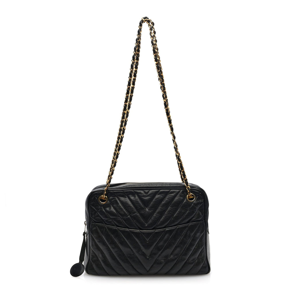 Lambskin Chevron Quilted Camera Case Black
