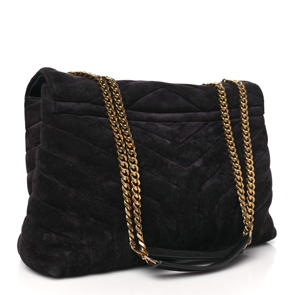 Suede Calfskin Y Quilted Monogram Medium Loulou Chain Satchel Deep Marine