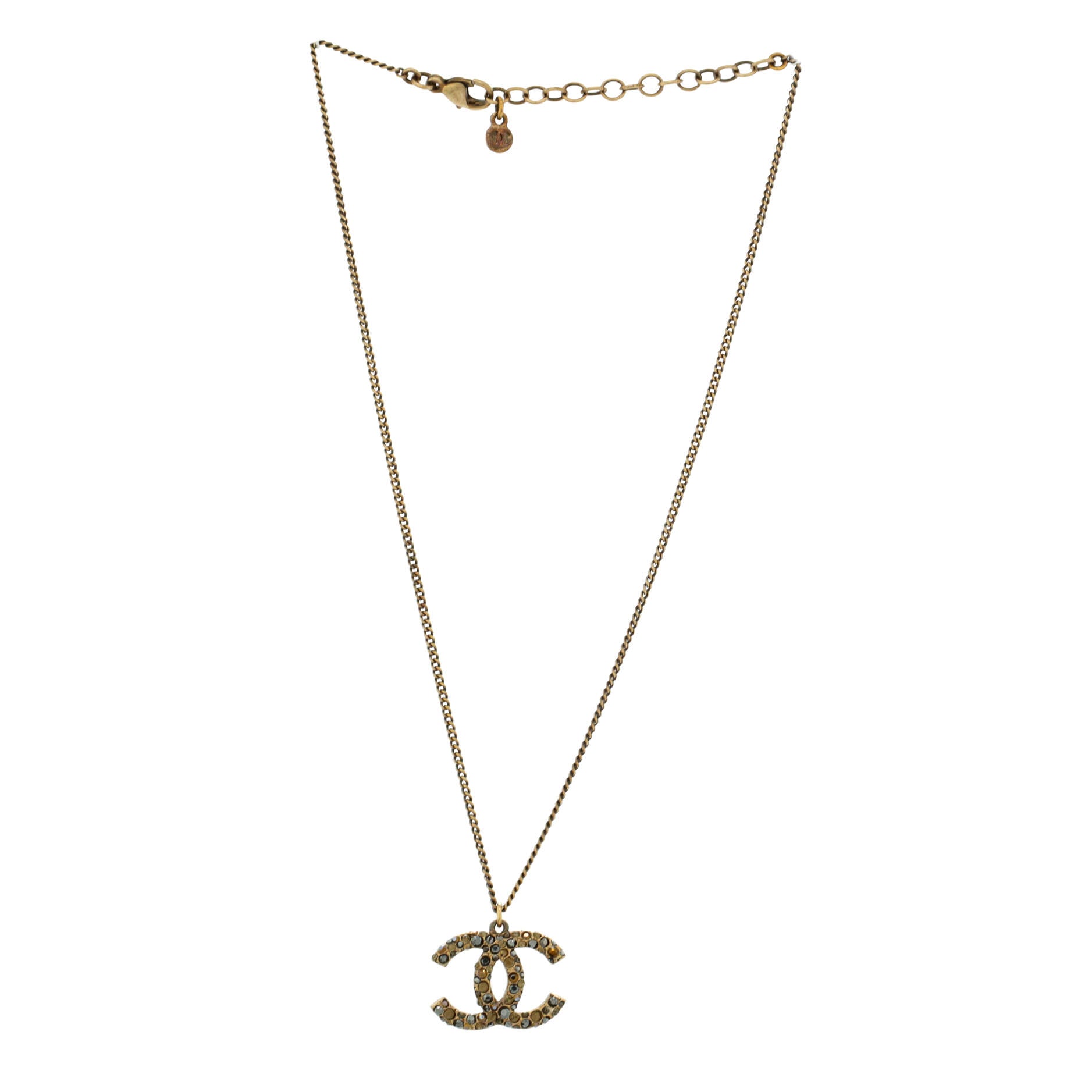 CC Long Pendant Necklace Crystal Embellished Metal and Enamel