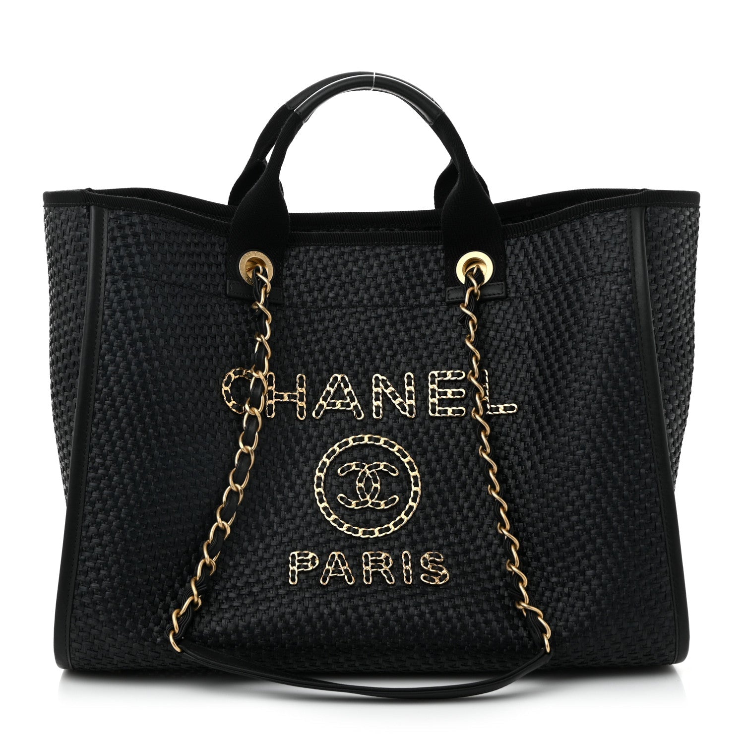Straw Raffia Calfskin Chain Medium Deauville Tote Black