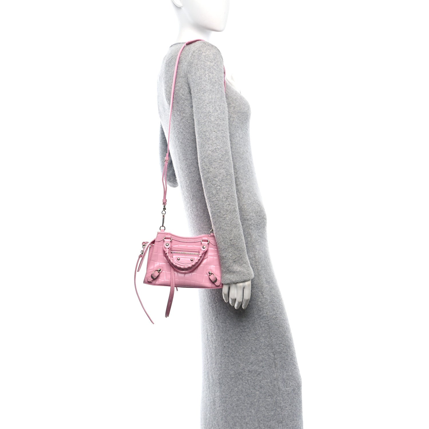 Semi Shiny Calfskin Crocodile Embossed Neo Classic Silver Hardware Mini City Pink