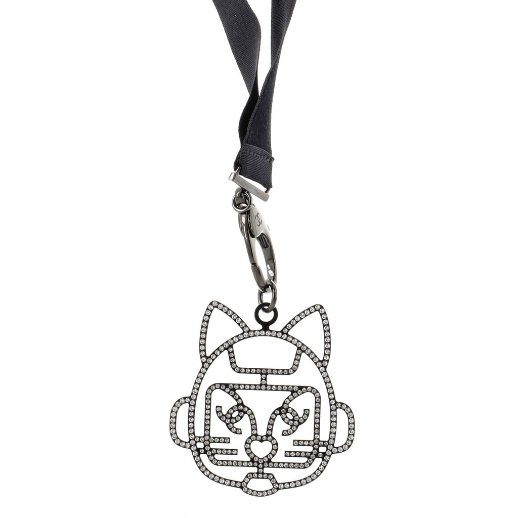 Cat Robot Lanyard Necklace Grosgrain with Crystal Embellished Metal