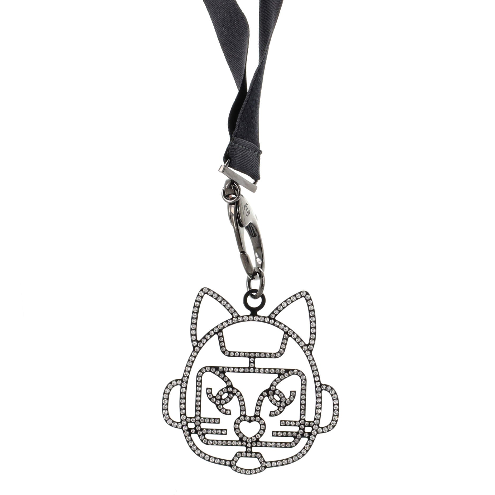 Cat Robot Lanyard Necklace Grosgrain with Crystal Embellished Metal