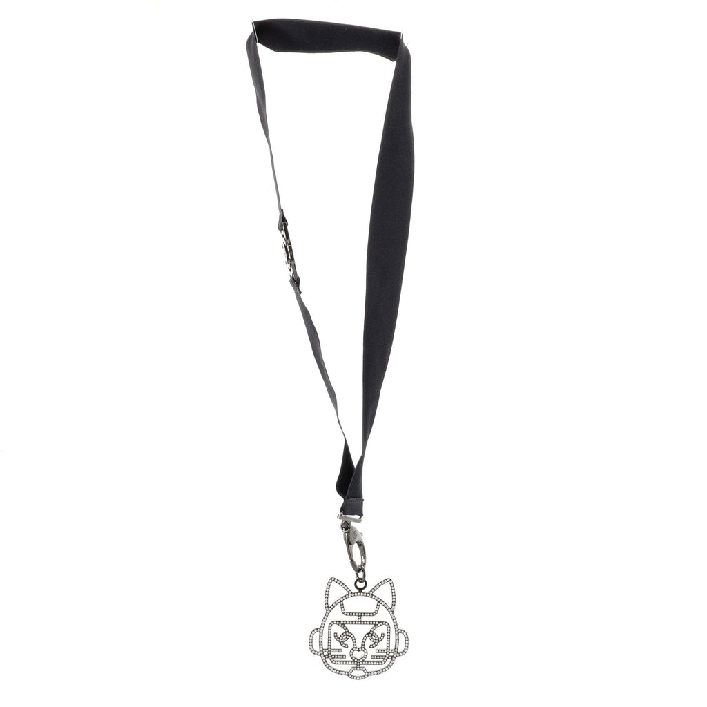 Cat Robot Lanyard Necklace Grosgrain with Crystal Embellished Metal