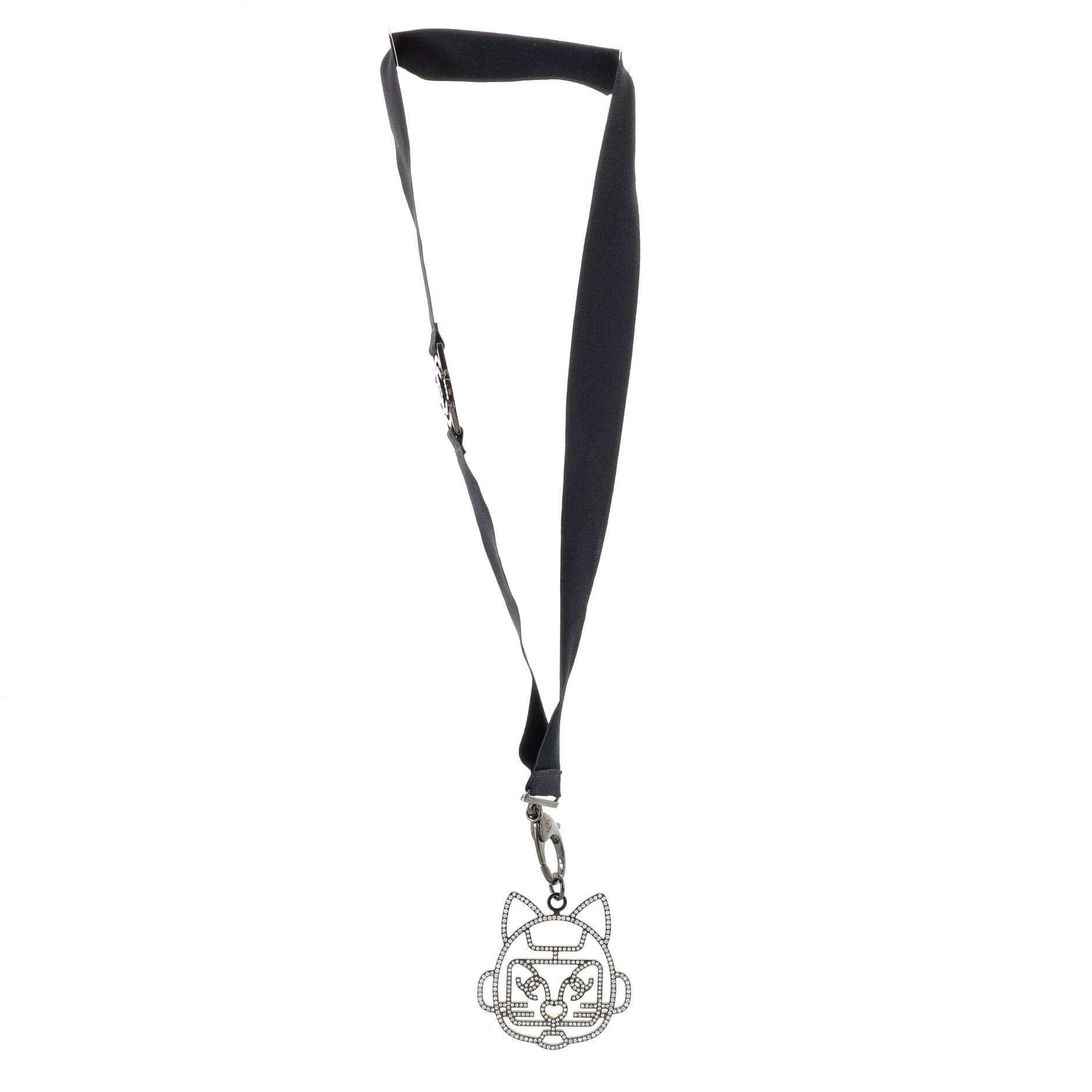 Cat Robot Lanyard Necklace Grosgrain with Crystal Embellished Metal