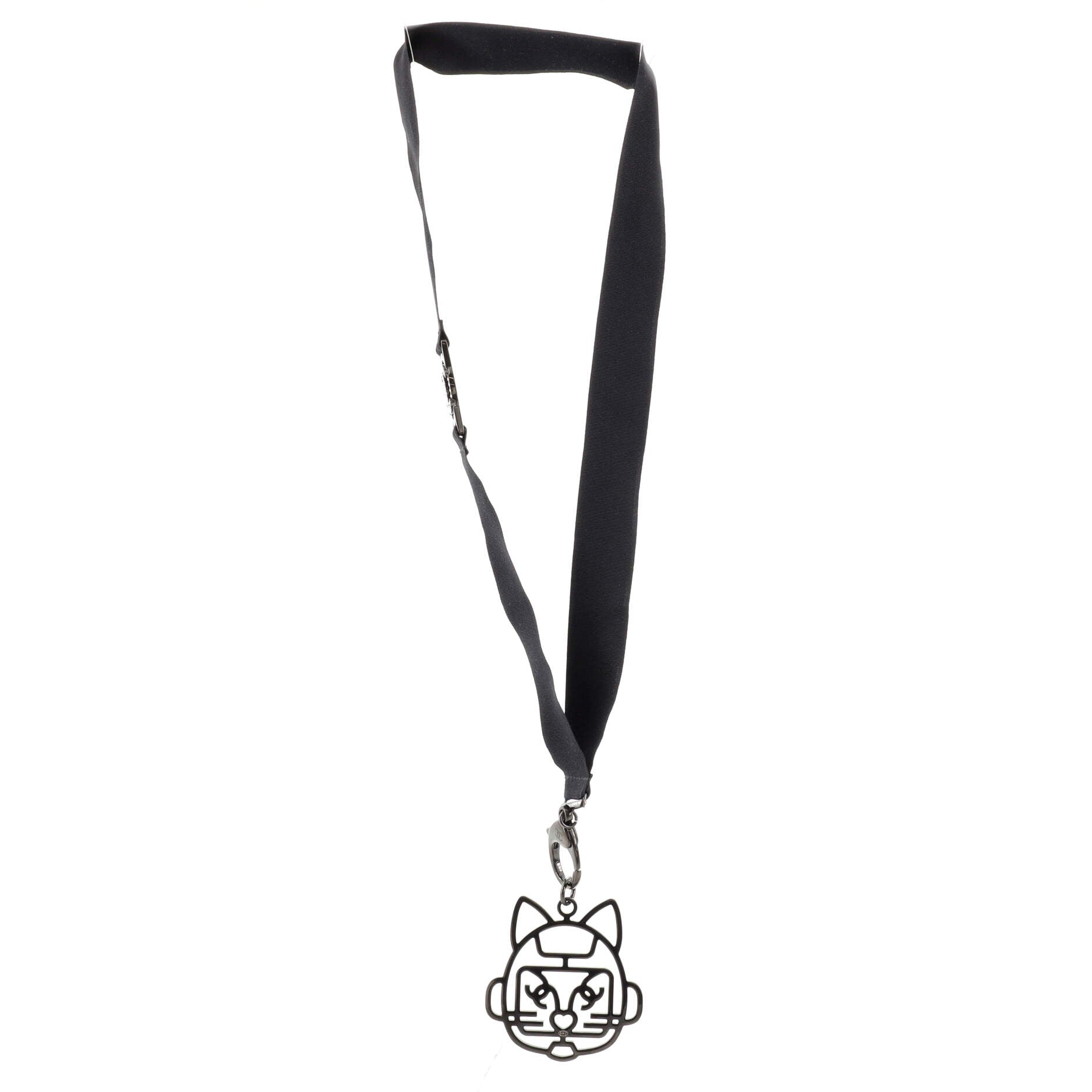 Cat Robot Lanyard Necklace Grosgrain with Crystal Embellished Metal