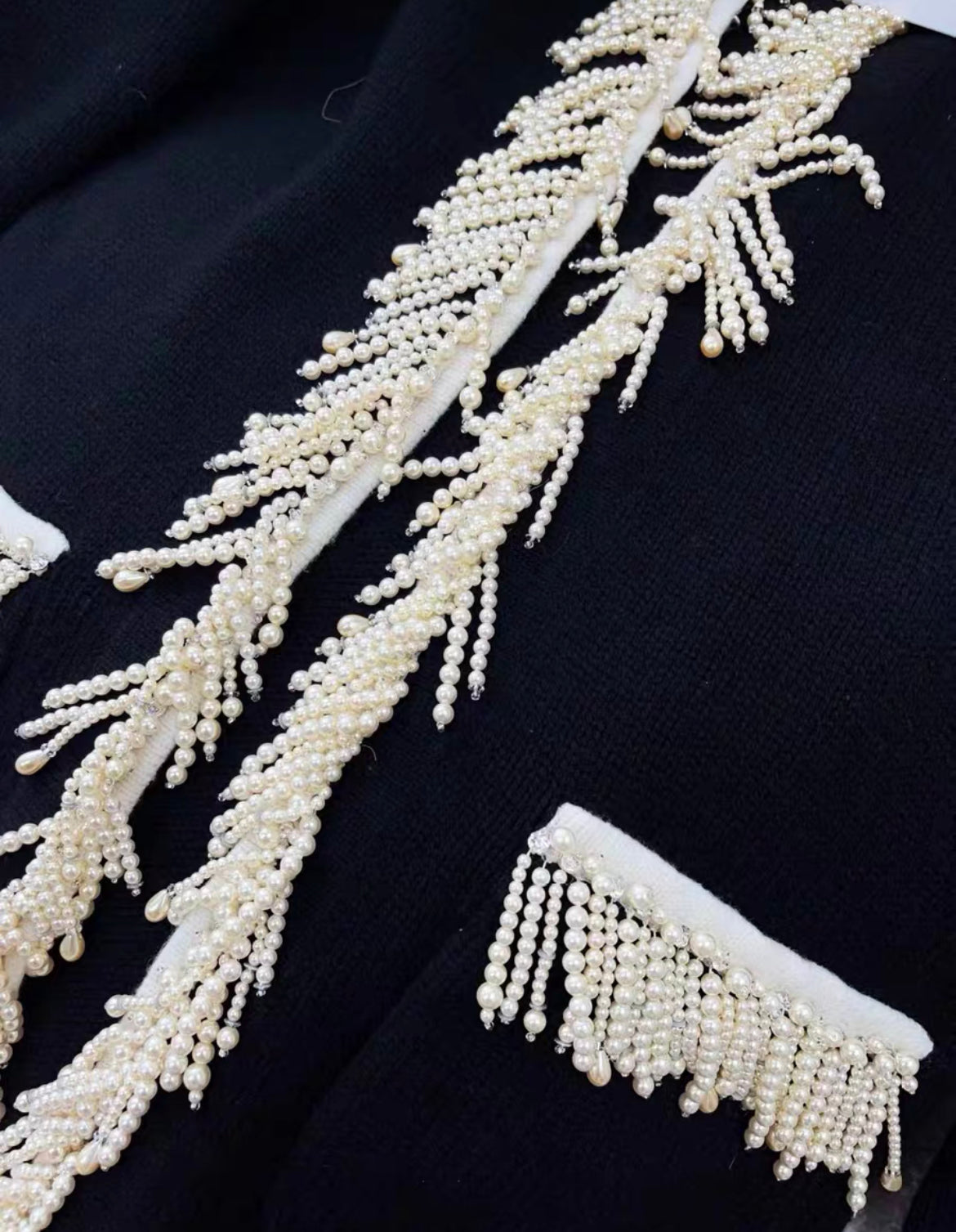 Chanel 21k Black & Ecru igan with Pearl fringe size 36