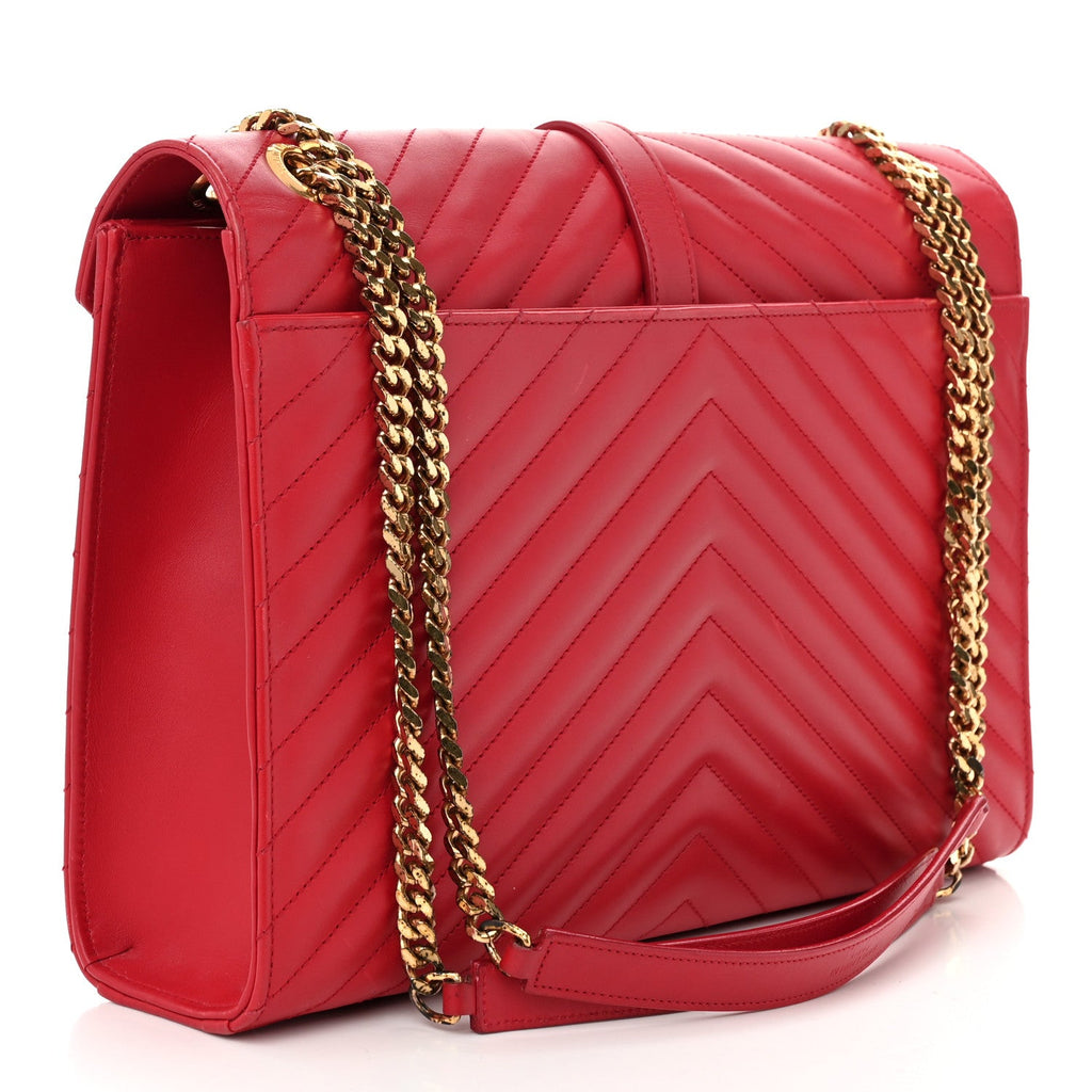 Smooth Calfskin Matelasse Chevron Large Monogram Satchel Lipstick Red