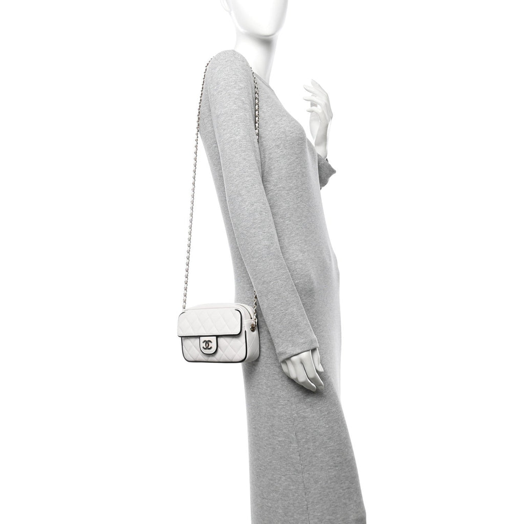 Lambskin Resin Quilted Chain Camera Bag White Black