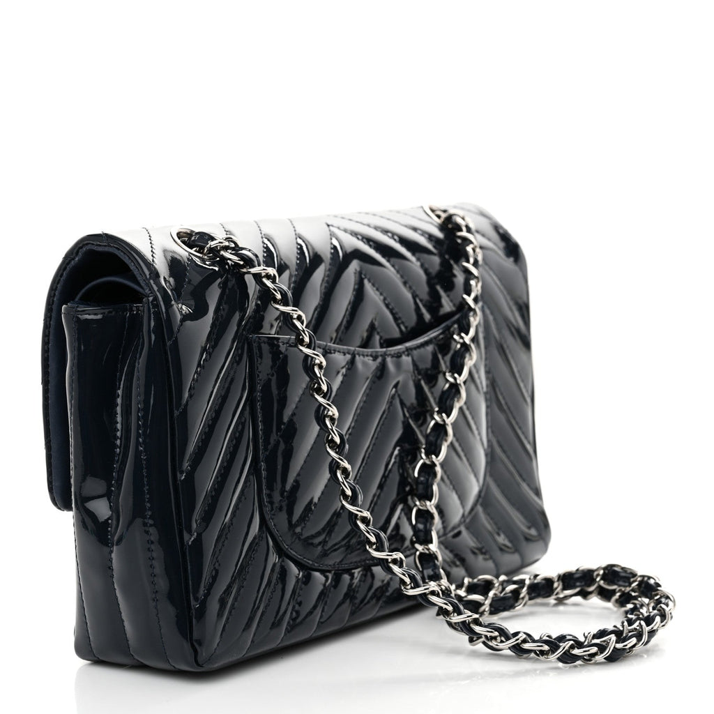 Patent Chevron Quilted Medium Double Flap Navy