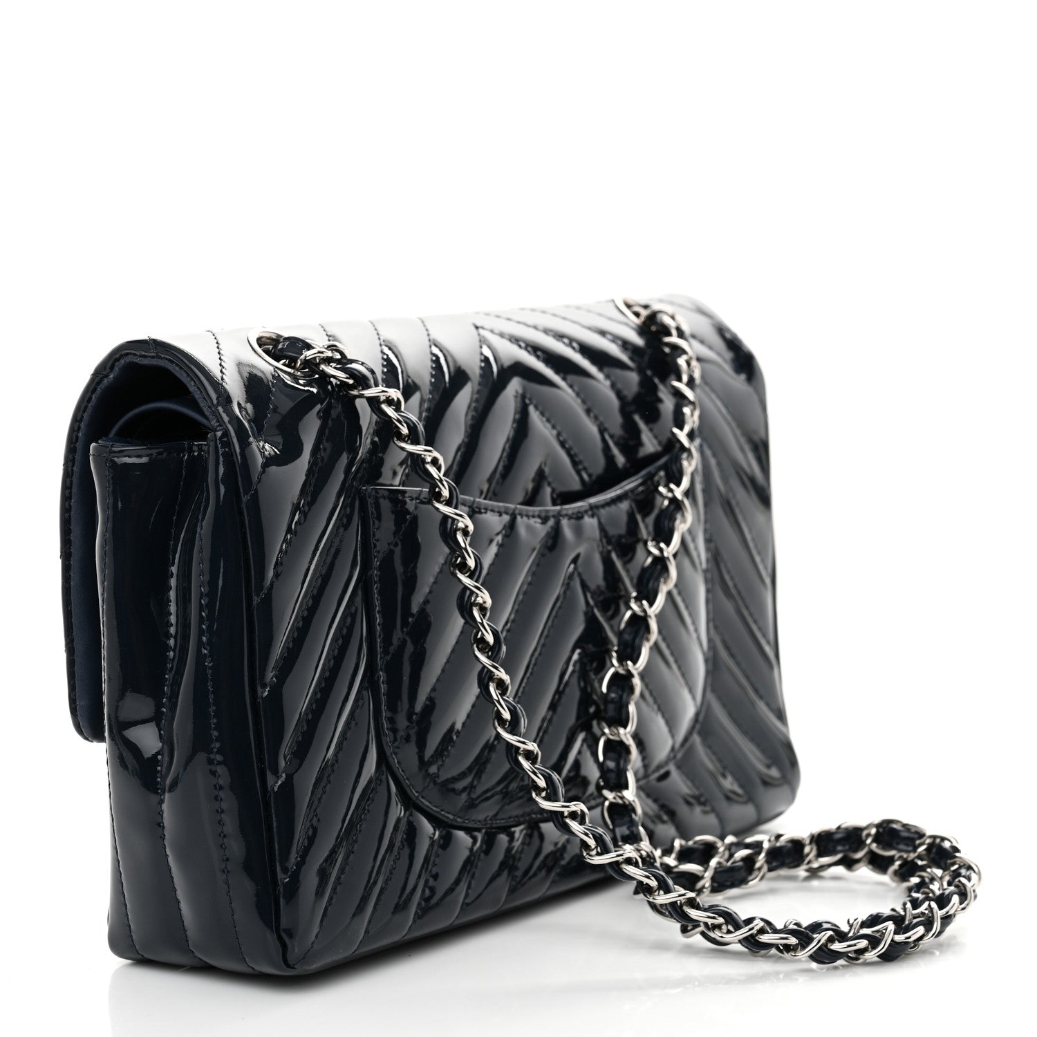Patent Chevron Quilted Medium Double Flap Navy