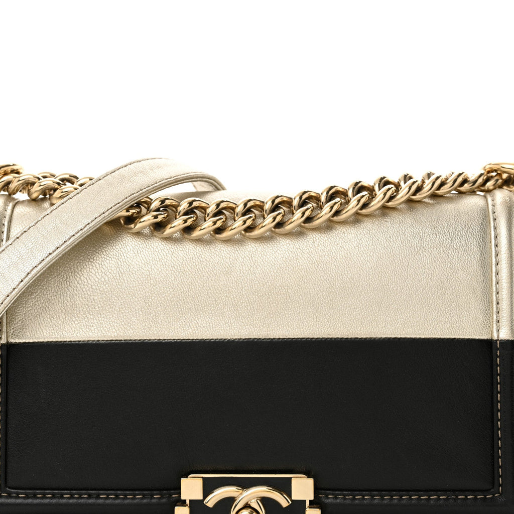 Metallic Goatskin Calfskin Medium Boy Flap Gold Black