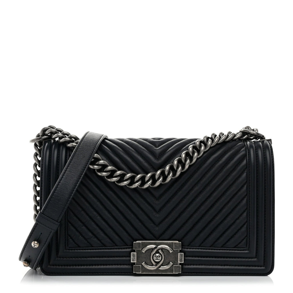 Calfskin Chevron Quilted Medium Boy Flap Navy Blue