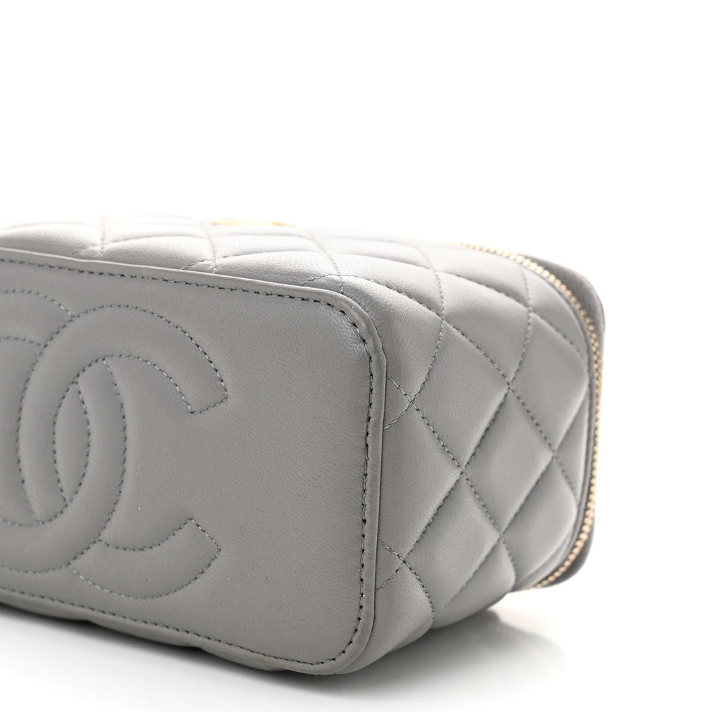 Lambskin Quilted Metal Small Top Handle Vanity Case With Chain Grey