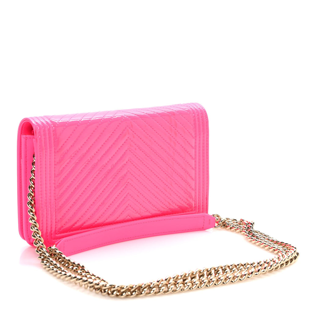 Patent Chevron Quilted Boy Wallet On Chain WOC Neon Pink