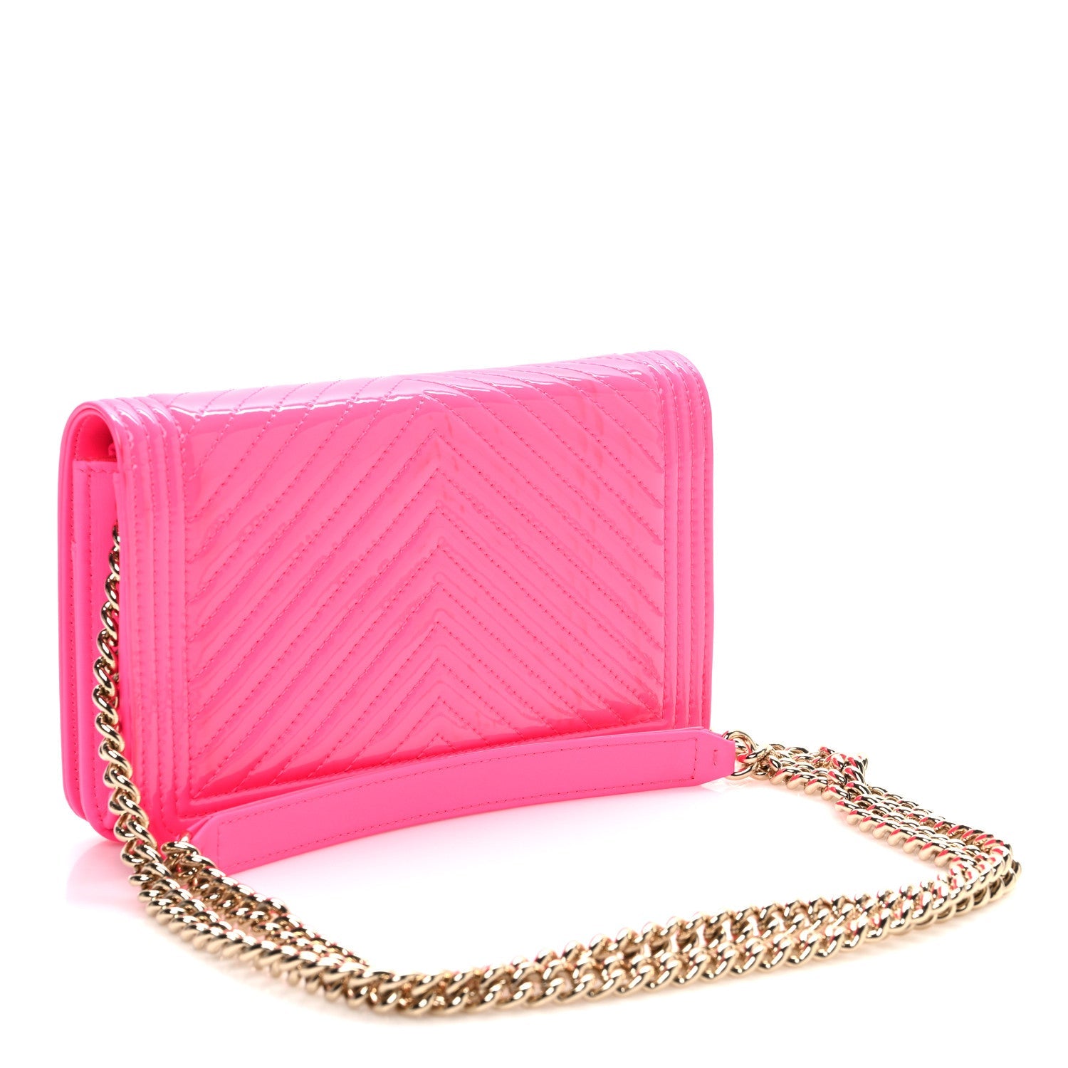 Patent Chevron Quilted Boy Wallet On Chain WOC Neon Pink