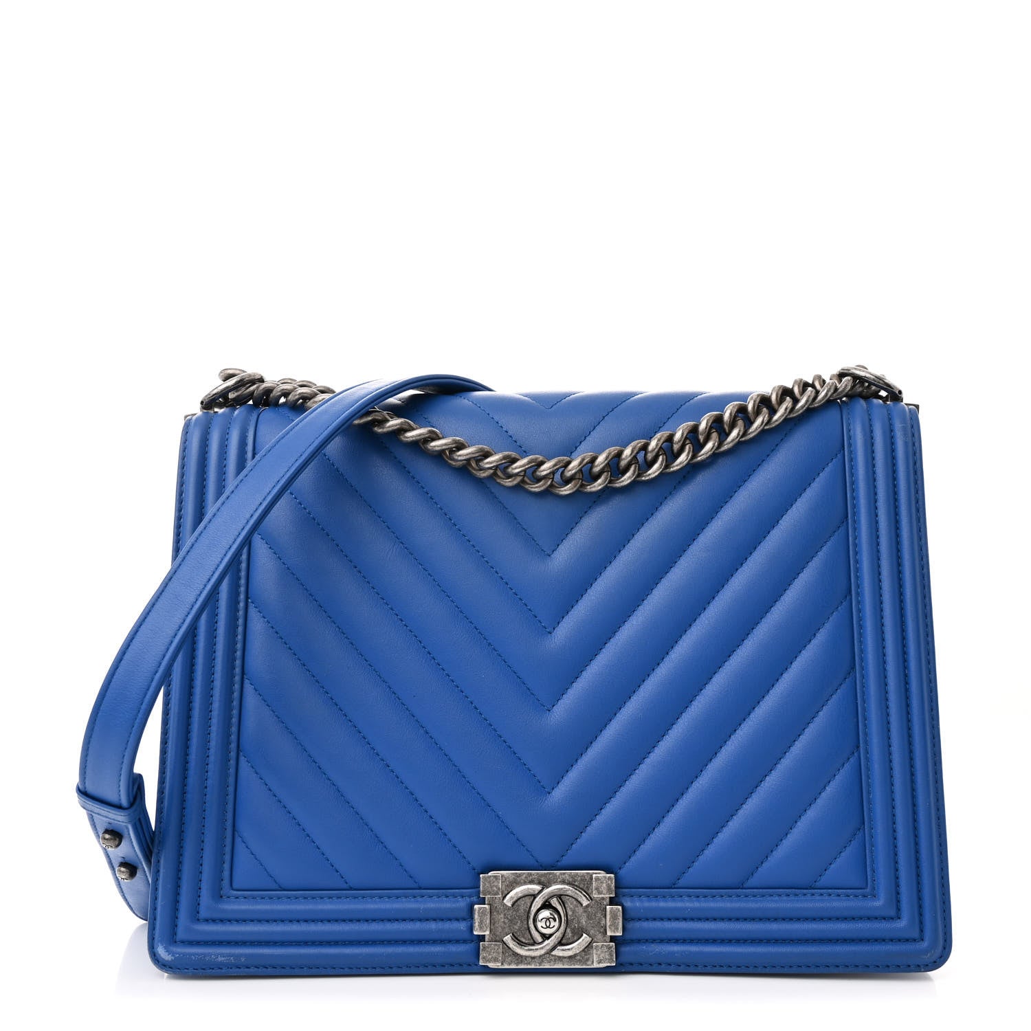 Calfskin Chevron Quilted Large Boy Flap Blue
