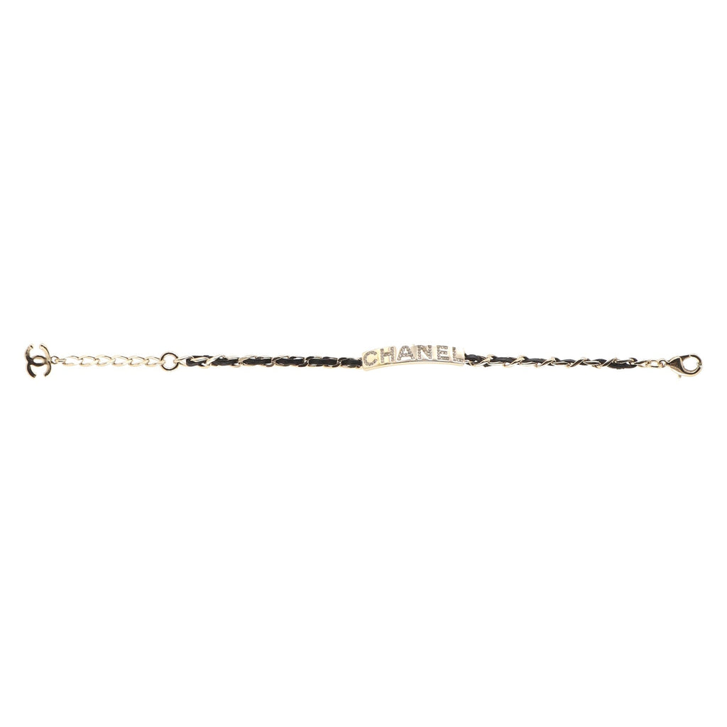 Chain Link ID Bracelet Metal and Leather with Crystals