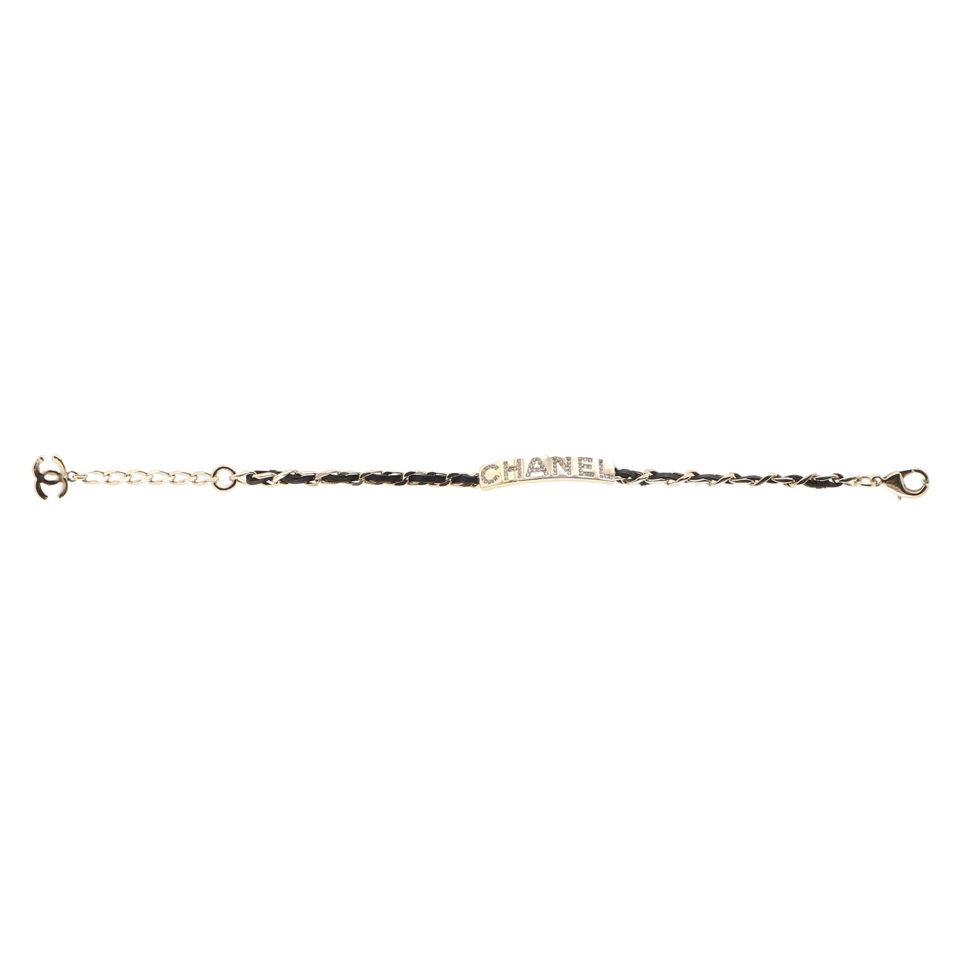 Chain Link ID Bracelet Metal and Leather with Crystals