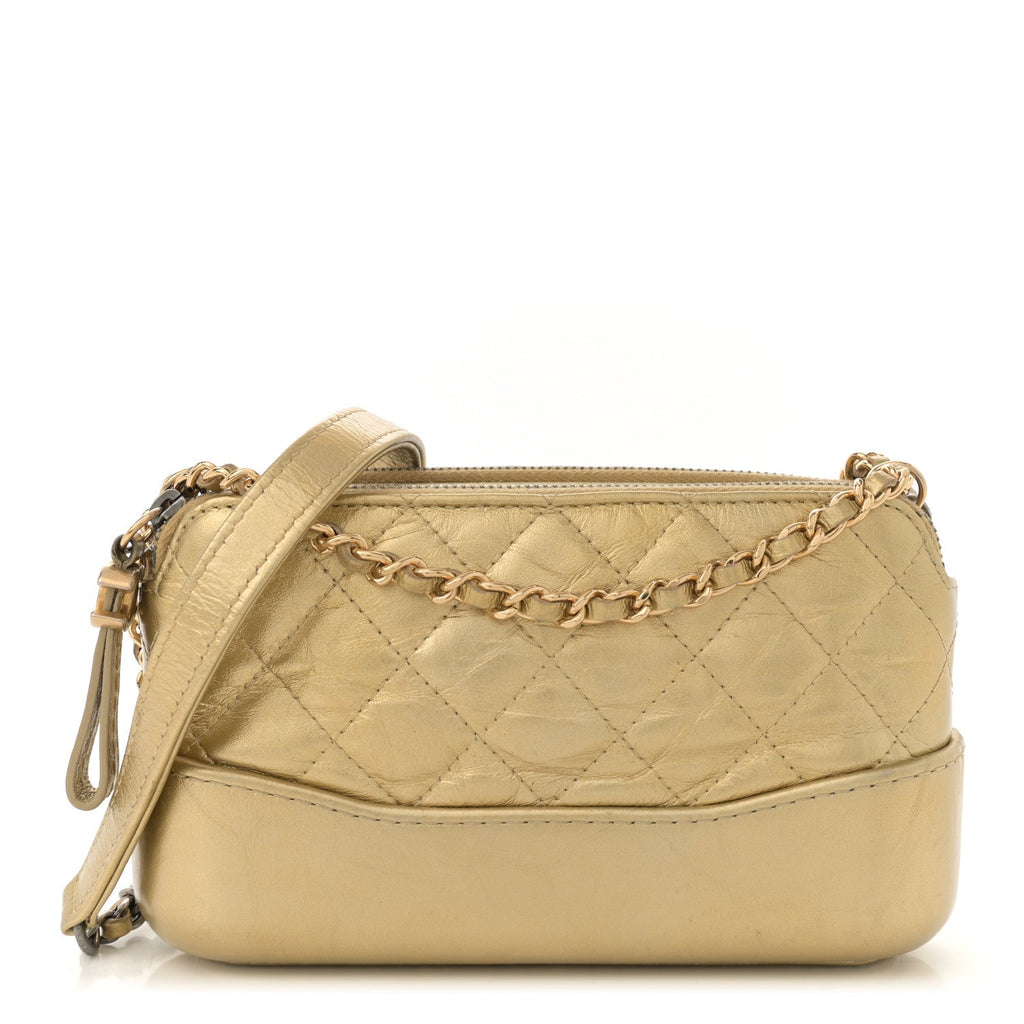 Metallic Aged Calfskin Quilted Small Gabrielle Clutch With Chain Gold