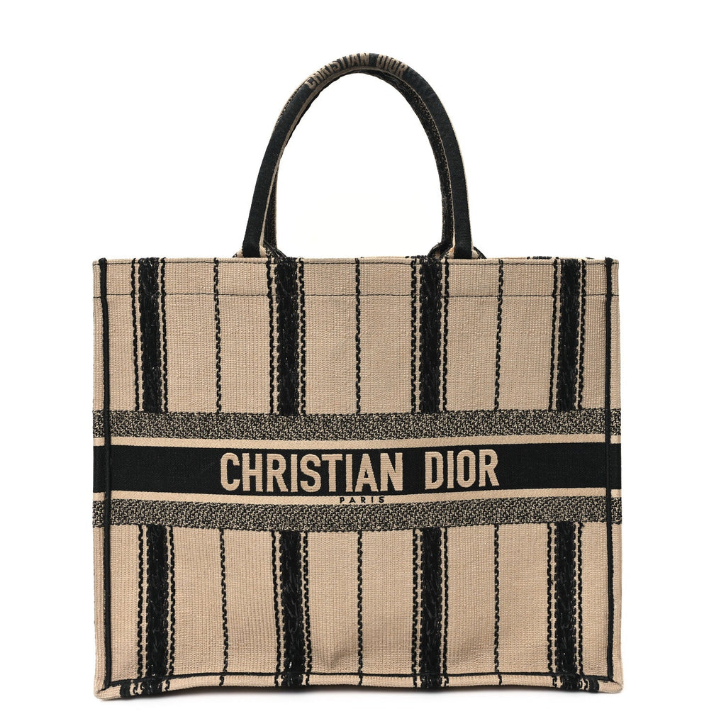 Canvas Embroidered Large Bayadere Book Tote Black Beige