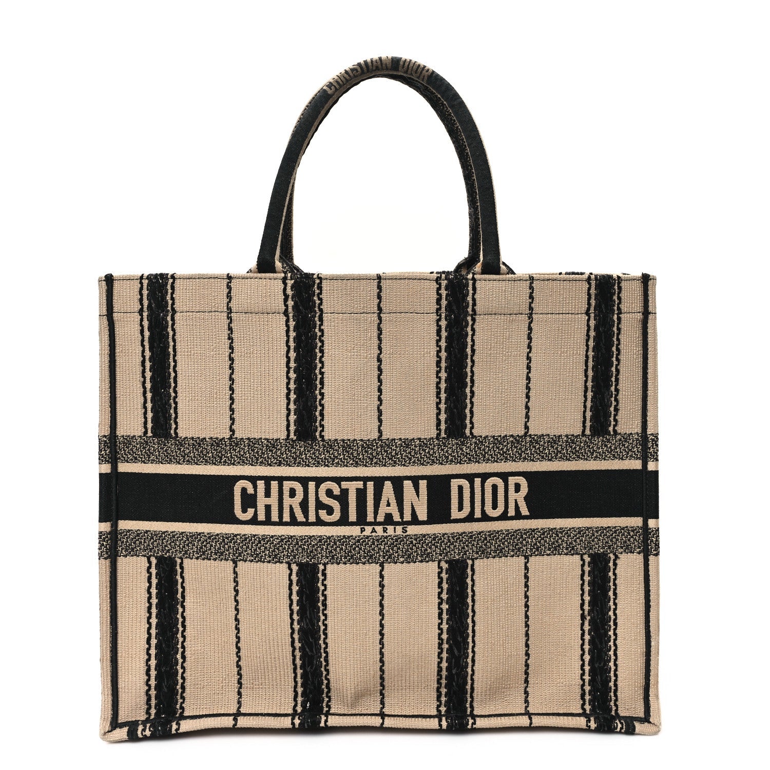 Canvas Embroidered Large Bayadere Book Tote Black Beige