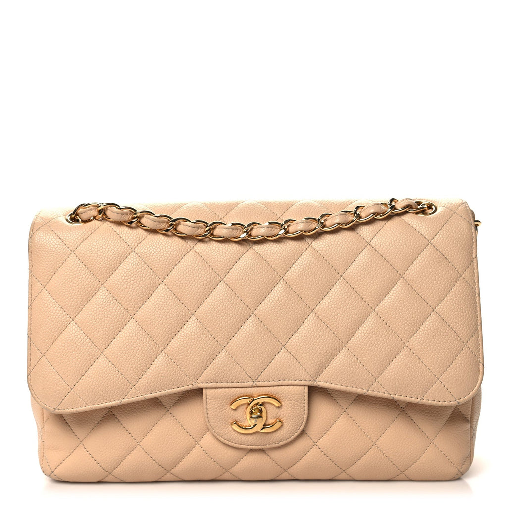 Caviar Quilted Jumbo Double Flap Beige