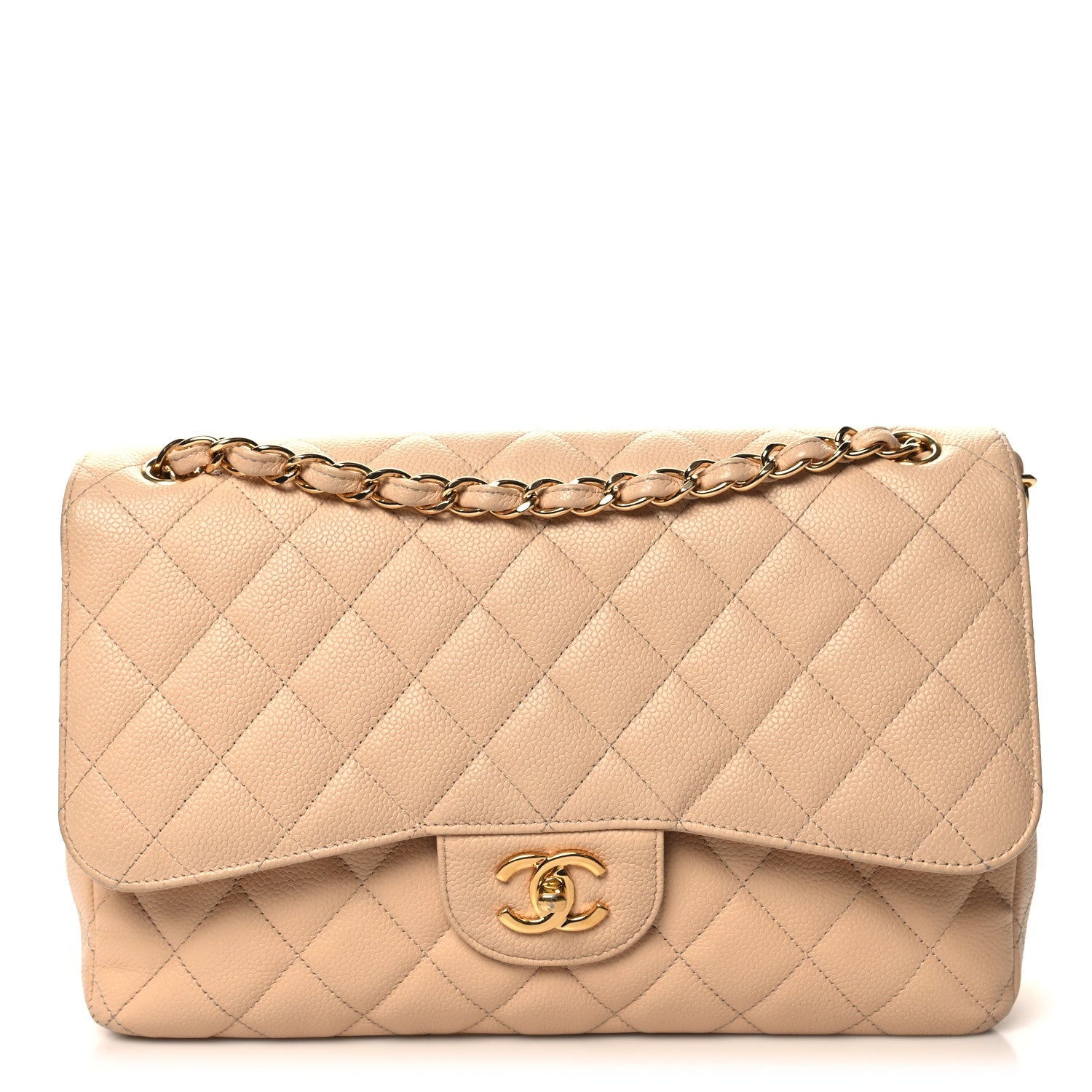 Caviar Quilted Jumbo Double Flap Beige