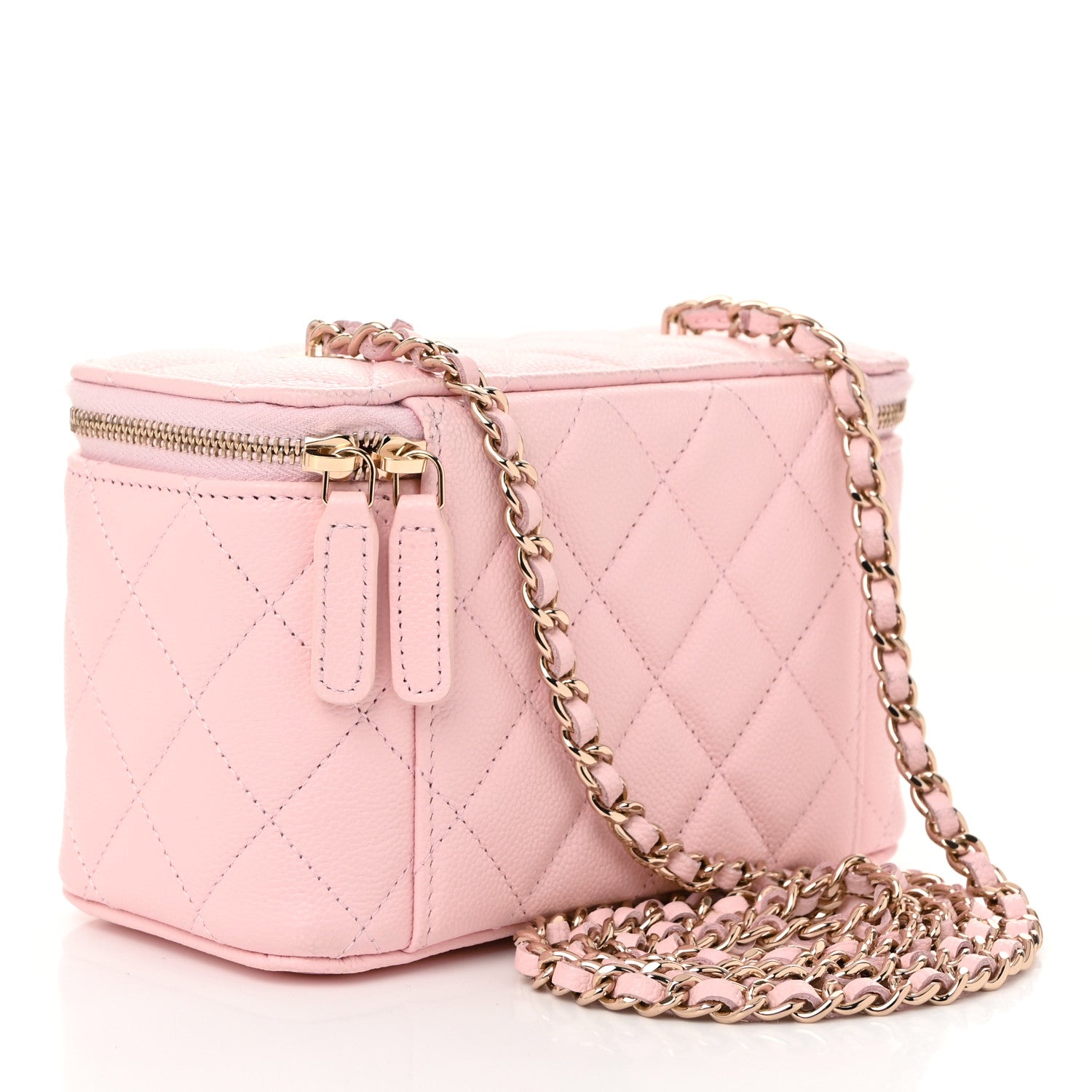 Caviar Quilted Small Vanity Case With Chain Light Pink