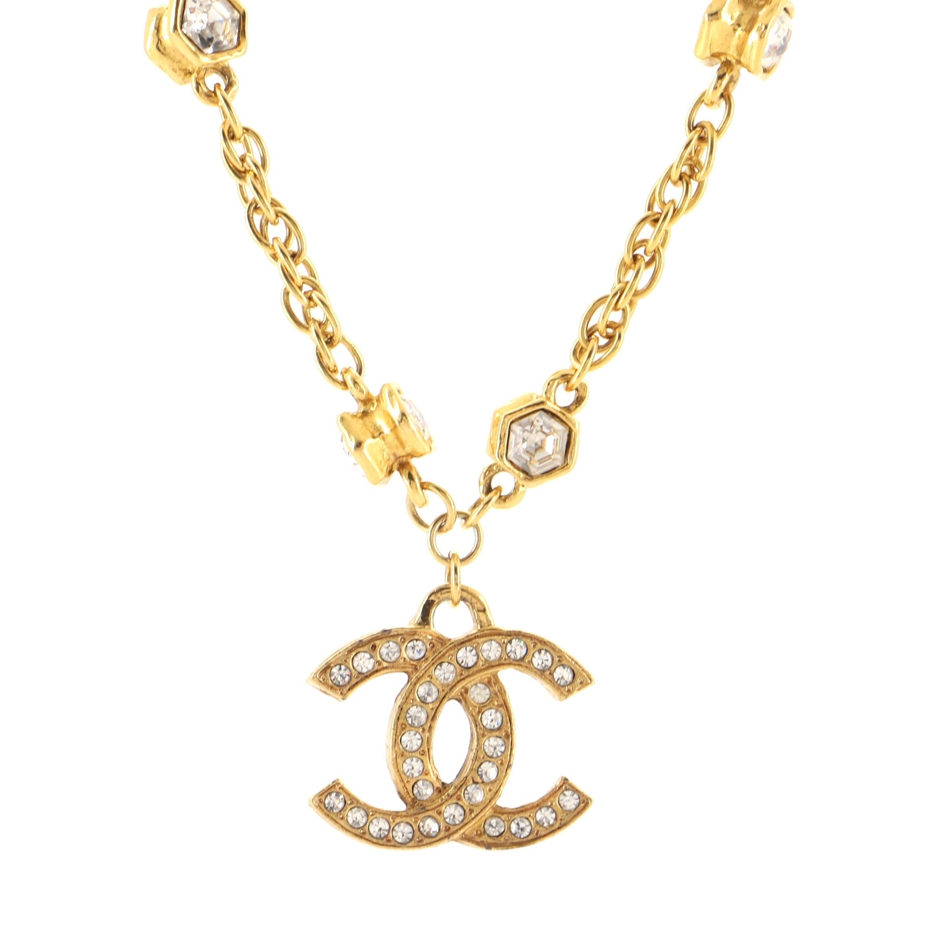 Vintage CC Pendant Choker Necklace Metal with Crystals
