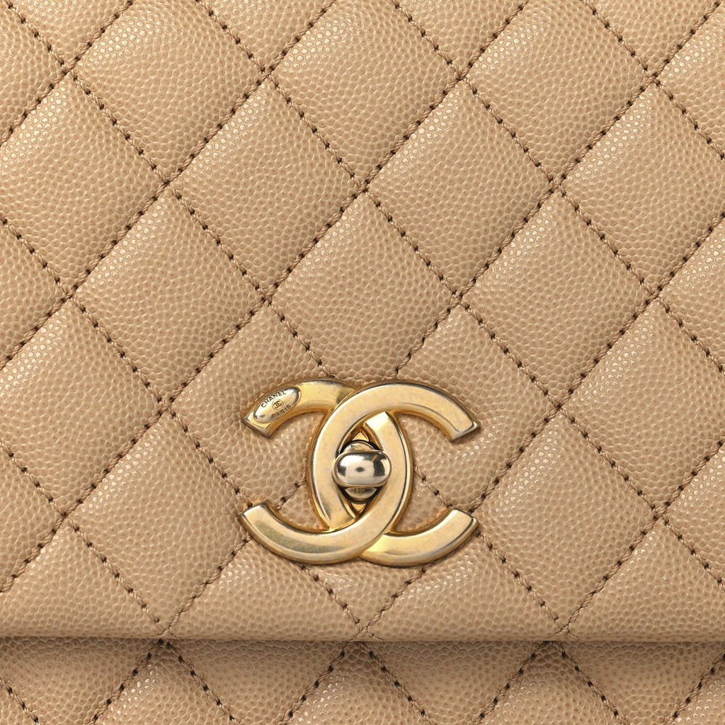 Caviar Quilted Small Coco Handle Flap Beige