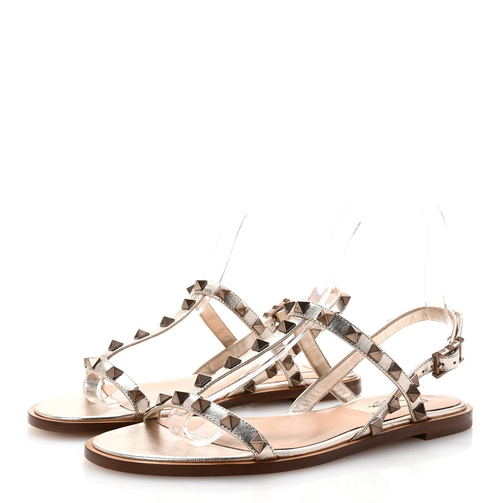 Metallic Nappa Rockstud T-Strap Slingback Flat Sandals 36 Skin
