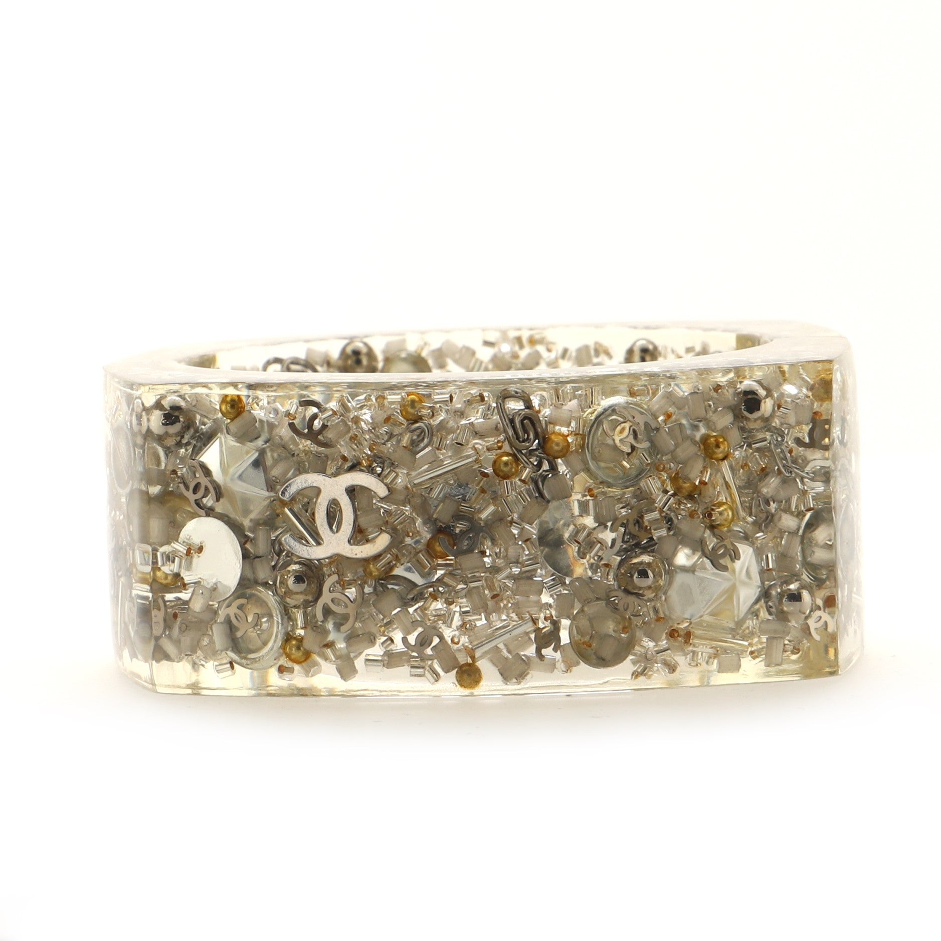 CC Square Cuff Bracelet Embellished Clear Resin Wide