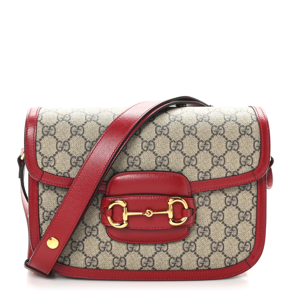 GG Supreme Monogram Azalea Calfskin Horsebit 1955 Shoulder Bag Beige Ebony New Cherry Red