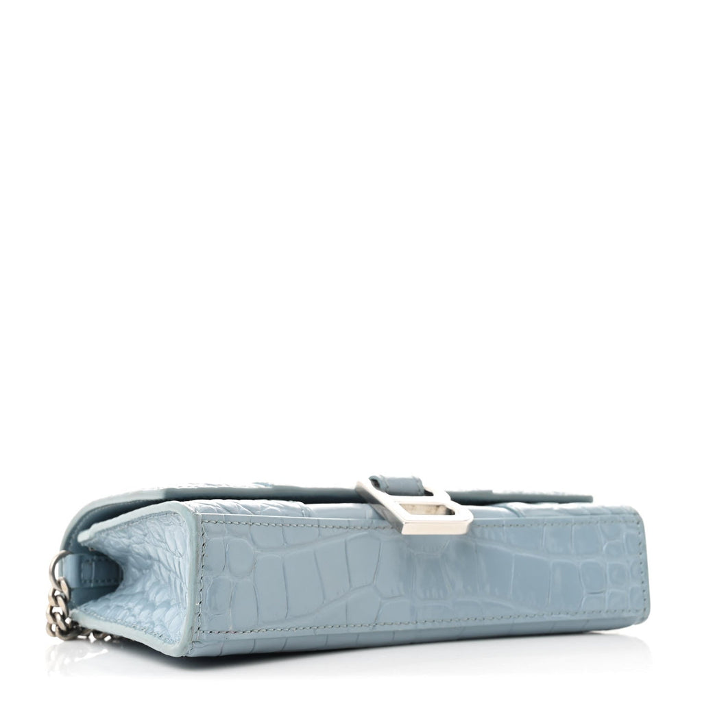 Shiny Calfskin Crocodile Embossed Hourglass Chain Bag Blue Grey