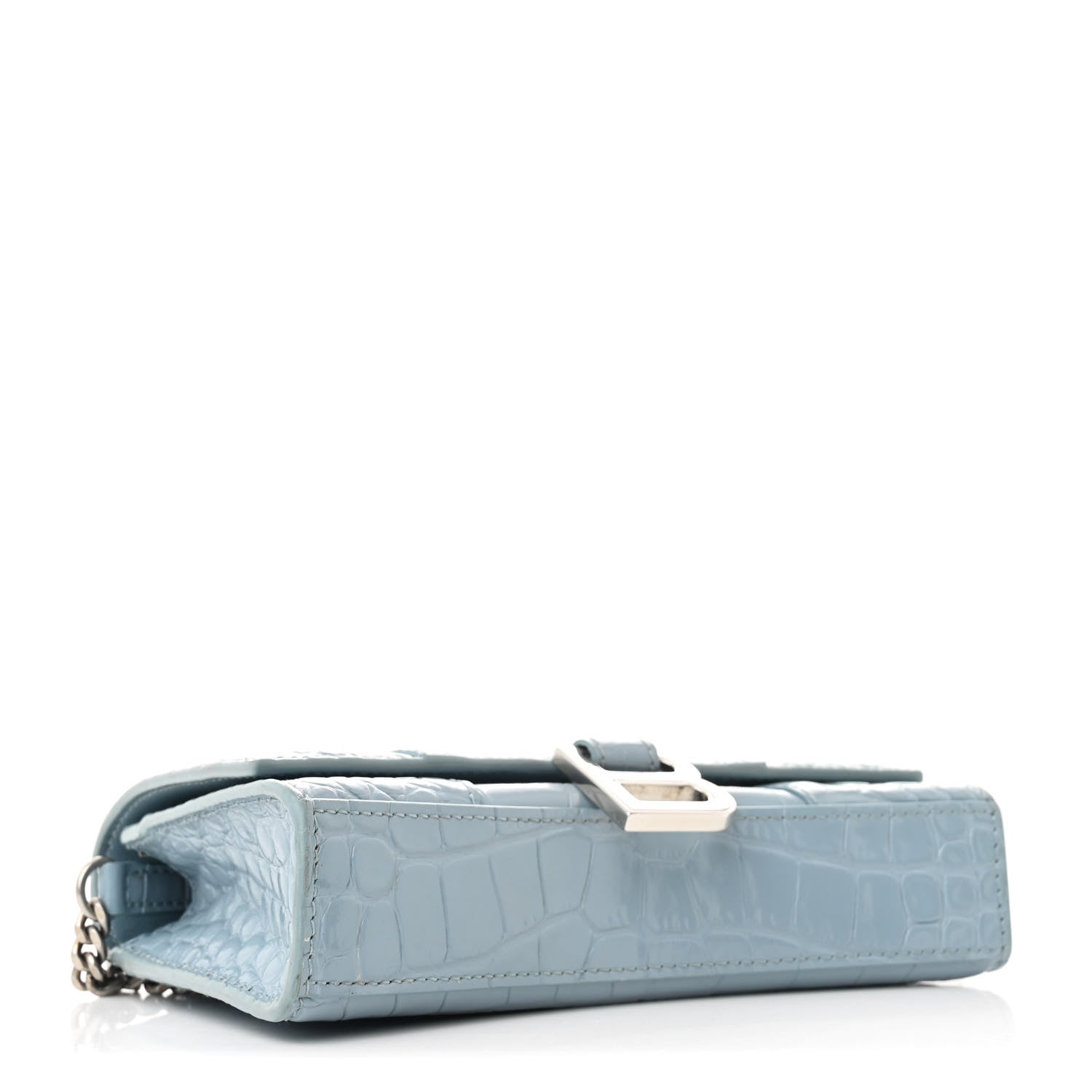 Shiny Calfskin Crocodile Embossed Hourglass Chain Bag Blue Grey