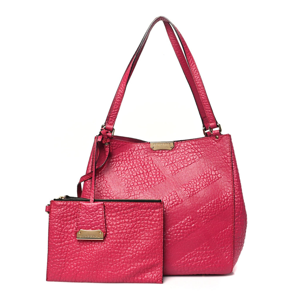 Signature Grain Calfskin Check Embossed Small Canterbury Tote Vibrant Fuchsia
