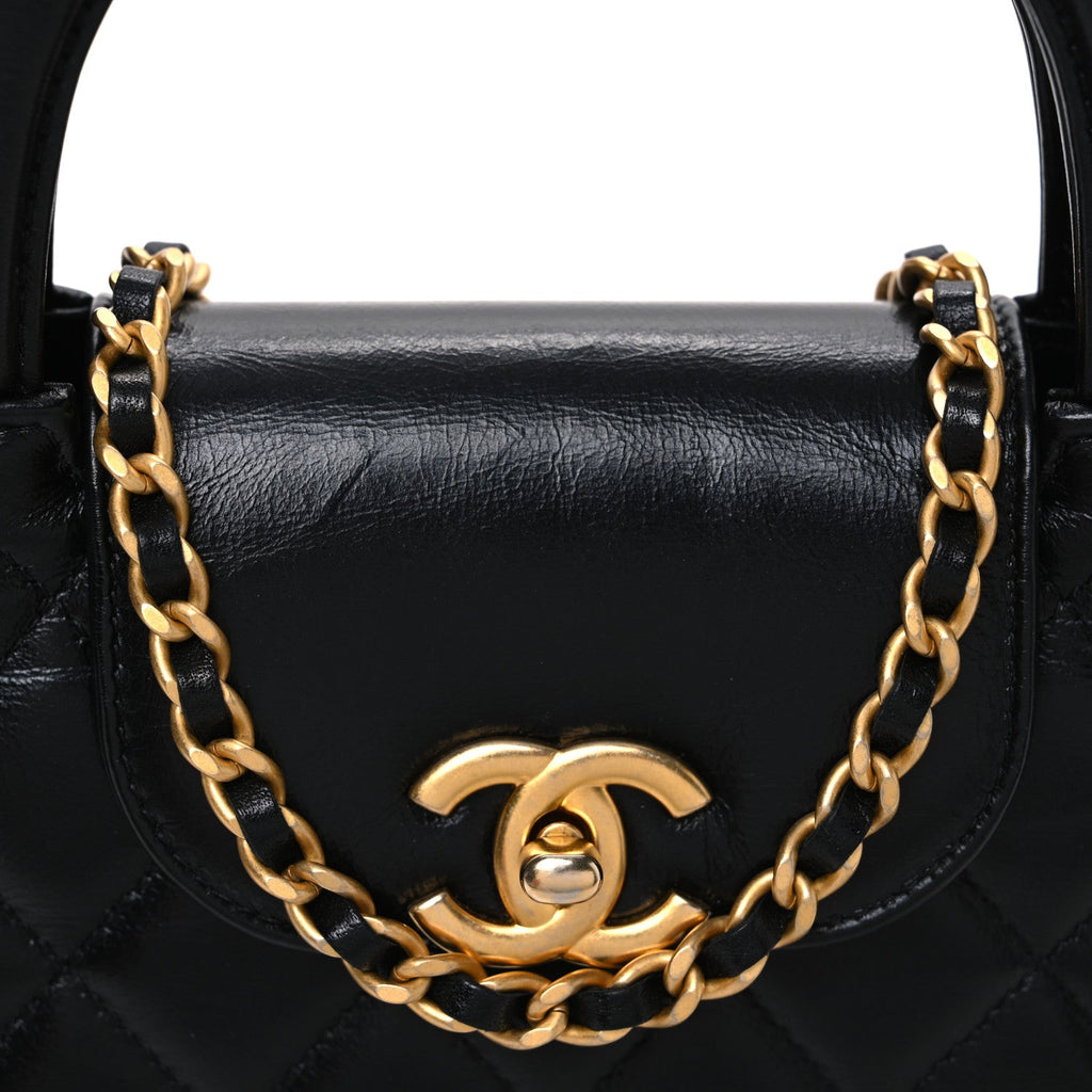 Shiny Aged Calfskin Quilted Nano Kelly Shopper Black