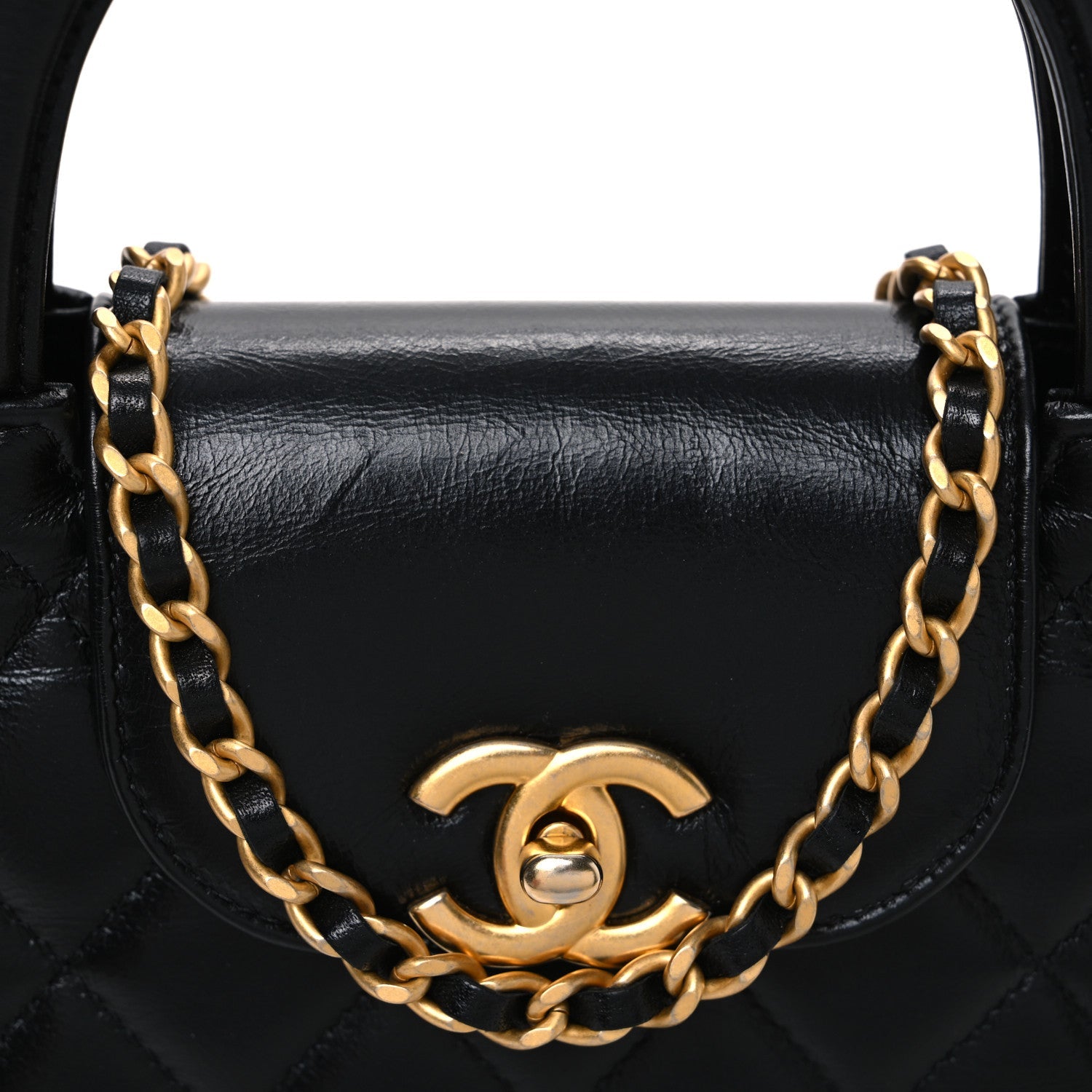 Shiny Aged Calfskin Quilted Nano Kelly Shopper Black